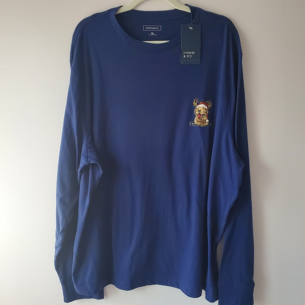 Men's Crown & Ivy Blue Eve Long Sleeve Long Sleeve Tee XXL Festive Dog Christmas
